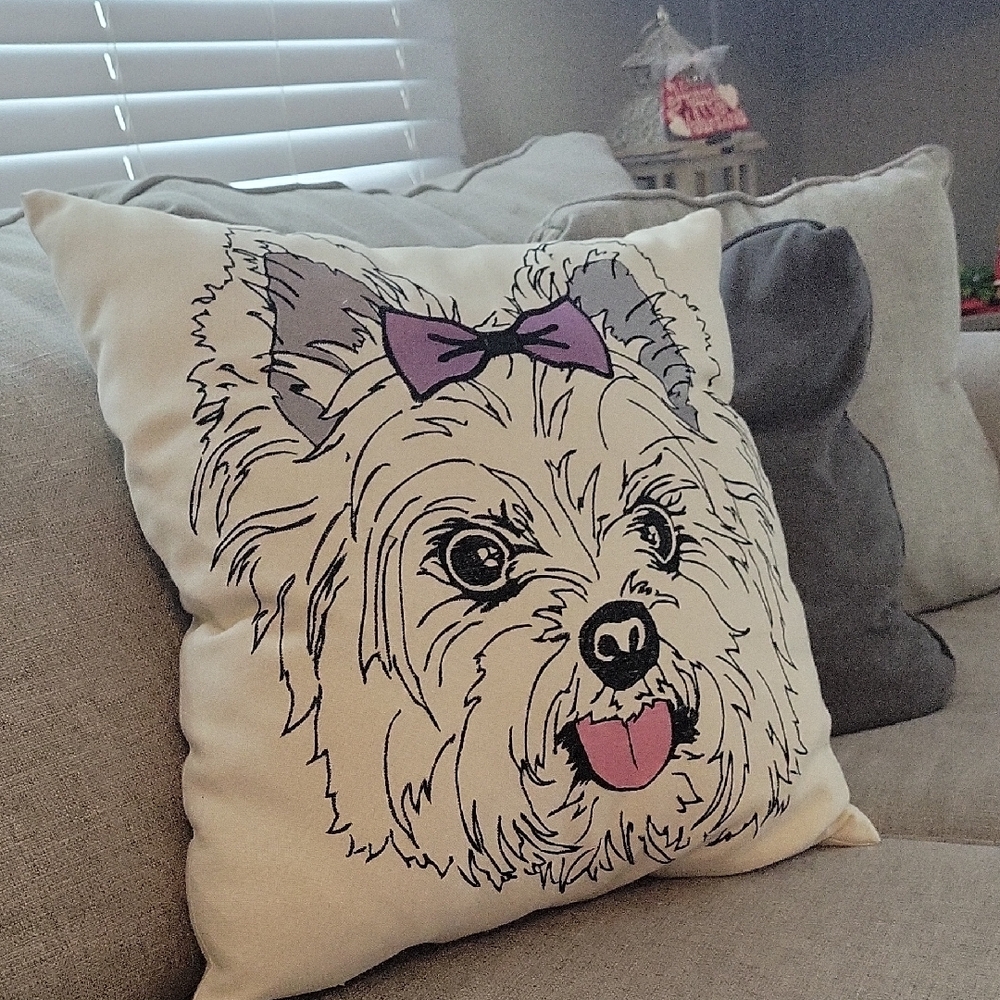 Yorkie Illustration Throw Pillow with Purple Bow